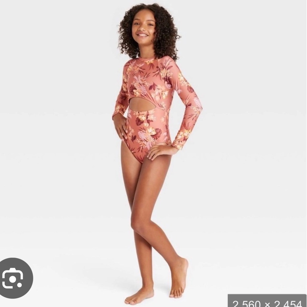 Art Class Girls Floral Print Long Sleeve Cutout‎ Swimsuit - Size M